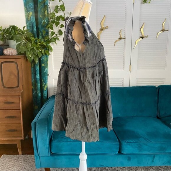 POL | Chelsea Ruffle Plaid Gauze Tunic Mini Dress Navy Charcoal Deep Olive Green - Picture 5 of 13